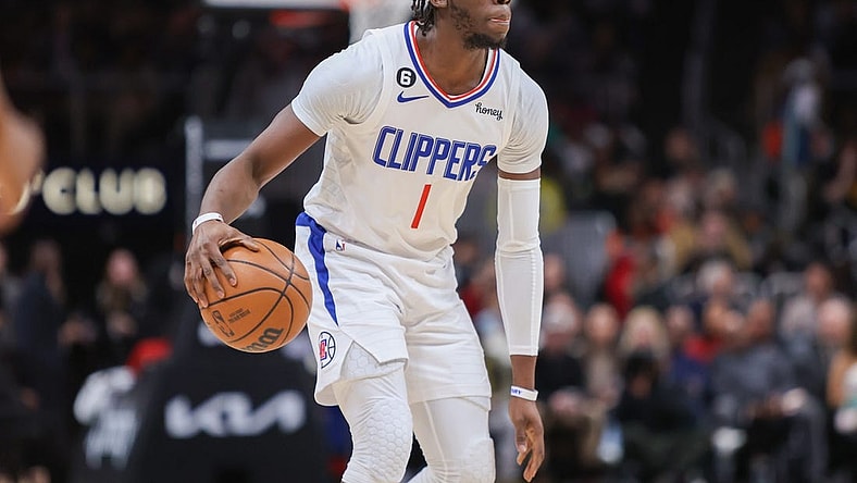 Jan 28, 2023; Atlanta, Georgia, USA; LA Clippers guard Reggie Jackson (1) dribbles against the Atlanta Hawks in the second half at State Farm Arena. Mandatory Credit: Brett Davis-USA TODAY Sports