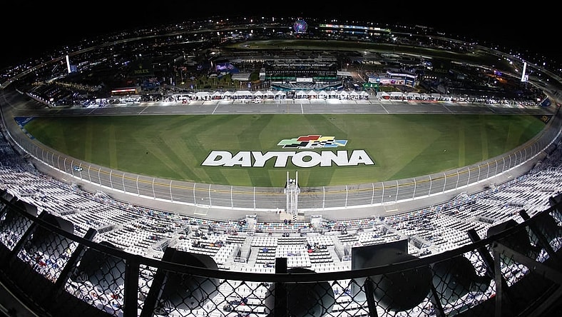 Jan 28, 2023; Daytona Beach, FL, USA;  A birds eye view of the track during the Rolex 24 Hour auto race at Daytona International Speedway. Mandatory Credit: Reinhold Matay-USA TODAY Sports