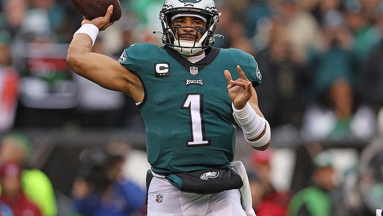 Jan 29, 2023; Philadelphia, Pennsylvania, USA; Philadelphia Eagles quarterback Jalen Hurts (1) throws a pass during the first quarter against the San Francisco 49ers in the NFC Championship game at Lincoln Financial Field. Mandatory Credit: Bill Streicher-USA TODAY Sports
