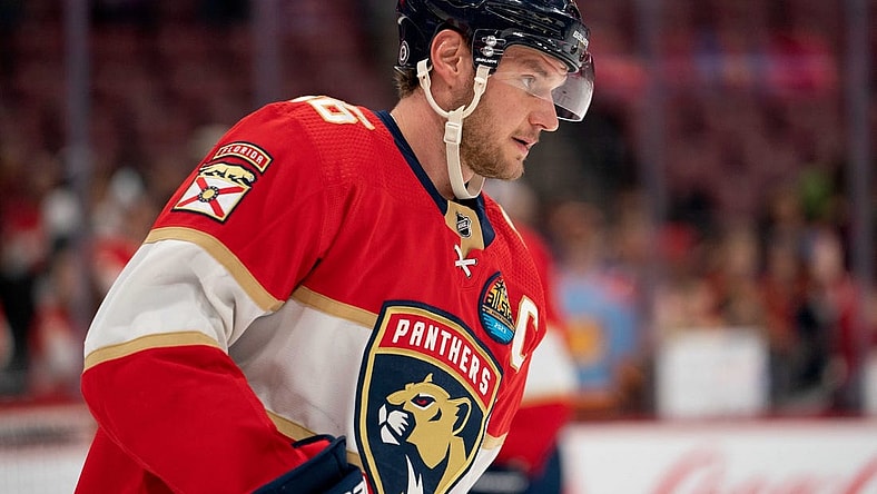 Jan 27, 2023; Sunrise, Florida, USA; Florida Panthers center Aleksander Barkov (16) looks on during warm-ups prior to the game against the Los Angeles Kings at FLA Live Arena. Mandatory Credit: Jason Mowry-USA TODAY Sports