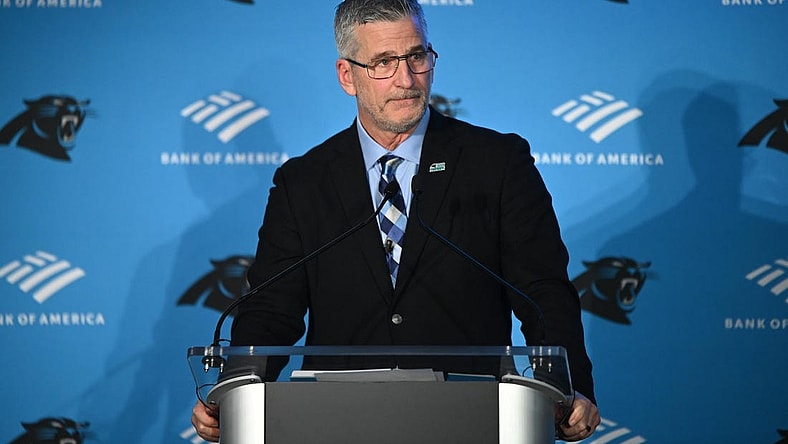 Jan 31, 2023; Charlotte, NC, USA; Carolina Panthers head coach Frank Reich speaks at his introductory press conference at Bank of America Stadium. Mandatory Credit: Griffin Zetterberg-USA TODAY Sports