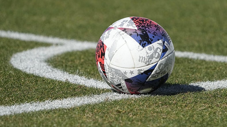 Feb 1, 2023; Indio, CA, USA;  General view of a MLS soccer ball on the pitch in a preseason MLS game between the D.C. United and Charlotte FC at Empire Polo Club. Mandatory Credit: Kirby Lee-USA TODAY Sports