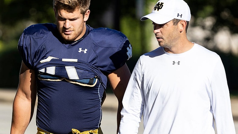 Notre Dame's Michael Mayer and offensive coordinator Tommy Rees prior to Notre Dame Fall Practice on Friday, August 12, 2022, at Irish Athletics Center in South Bend, Indiana.
Ncaa Foorball 2022 Notre Dame Fall Practice