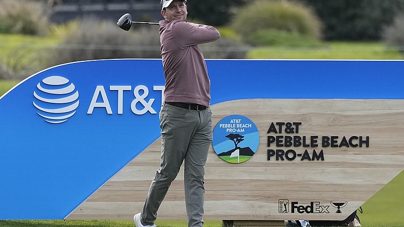 Feb 2, 2023; Pebble Beach, California, USA; Hank Lebioda hits his tee shot on the seventeenth hole during the first round of the AT&T Pebble Beach Pro-Am golf tournament at Monterey Peninsula Country Club - Shore Course. Mandatory Credit: Ray Acevedo-USA TODAY Sports