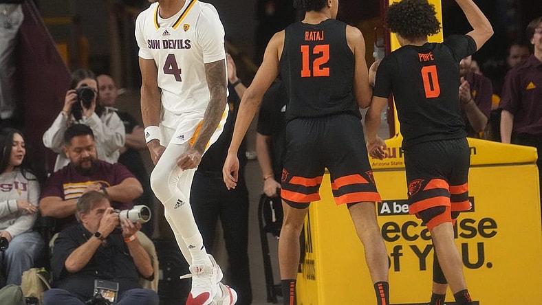 Feb 2, 2023; Tempe, Arizona, USA; Arizona State Sun Devils guard Desmond Cambridge Jr. (4) celebrates a score against the Oregon State Beavers at Desert Financial Arena. Mandatory Credit: Joe Rondone-Arizona Republic

Basketball Osu Asu Mbb Oregon State At Arizona State