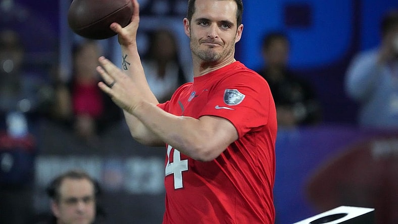 Feb 2, 2023; Henderson, NV, USA; Las Vegas Raiders quarterback Derek Carr (4) throws the ball during the Pro Bowl Skills competition at the Intermountain Healthcare Performance Facility. Mandatory Credit: Kirby Lee-USA TODAY Sports