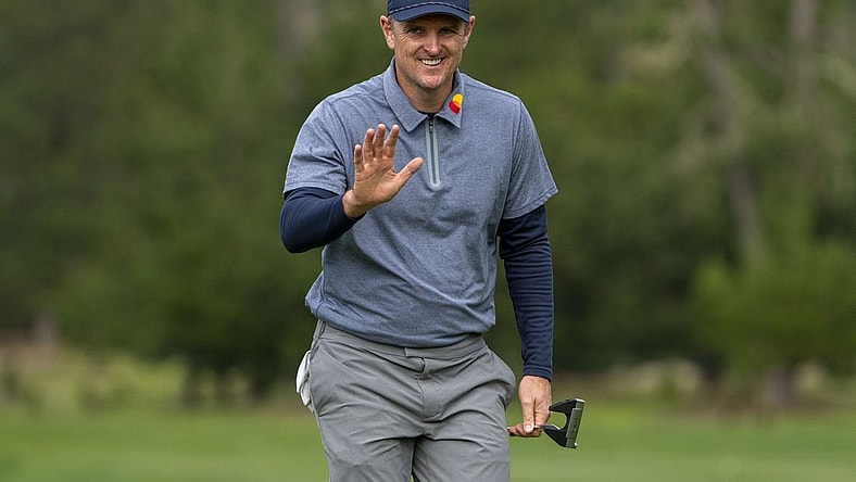 February 3, 2023; Pebble Beach, California, USA; Justin Rose acknowledges the crowd after his putt on the ninth hole during the second round of the AT&T Pebble Beach Pro-Am golf tournament at Spyglass Hill Golf Course. Mandatory Credit: Kyle Terada-USA TODAY Sports