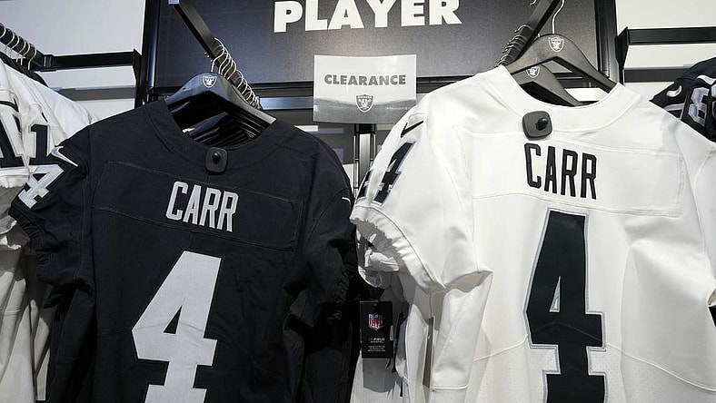 Feb 3, 2023; Las Vegas, NV, USA; A clearance sale on the jerseys of Las Vegas Raiders quarterback Derek Carr (4) at the Raider Image team store at Allegiant Stadium. Mandatory Credit: Kirby Lee-USA TODAY Sports