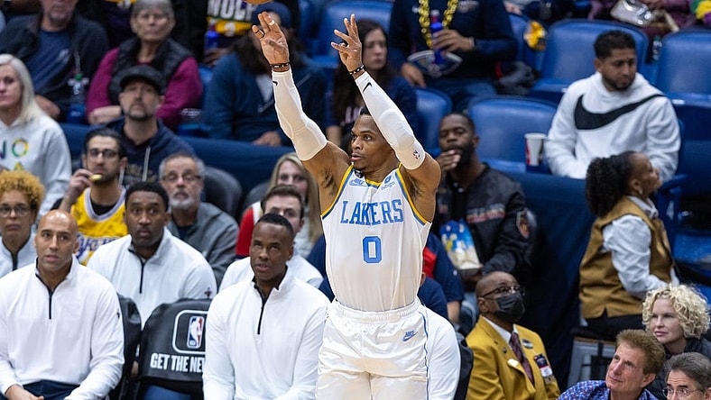 Feb 4, 2023; New Orleans, Louisiana, USA;  Los Angeles Lakers guard Russell Westbrook (0) shoots a jump shot against the New Orleans Pelicans during the first half at Smoothie King Center. Mandatory Credit: Stephen Lew-USA TODAY Sports