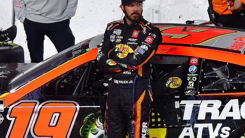 Feb 4, 2023; Los Angeles, California, USA; NASCAR Cup Series driver Martin Truex Jr. (19) during qualifying at Los Angeles Memorial Coliseum. Mandatory Credit: Gary A. Vasquez-USA TODAY Sports