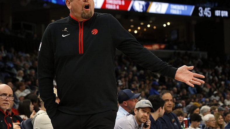Feb 5, 2023; Memphis, Tennessee, USA; Toronto Raptors head coach Nick Nurse reacts during the first half against the Memphis Grizzlies at FedExForum. Mandatory Credit: Petre Thomas-USA TODAY Sports