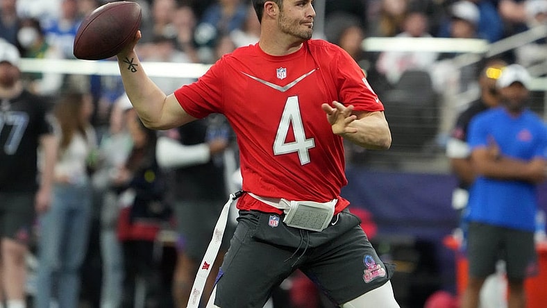 Feb 5, 2023; Paradise, Nevada, USA; AFC quarterback Derek Carr of the Las Vegas Raiders (4) throws the ball against the NFC during the Pro Bowl Games at Allegiant Stadium. Mandatory Credit: Kirby Lee-USA TODAY Sports