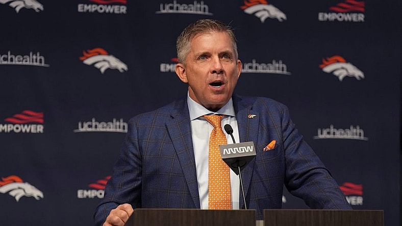 Feb 6, 2023; Englewood, CO, USA; Denver Broncos head coach Sean Payton speaks at the UCHealth Training Center. Mandatory Credit: Ron Chenoy-USA TODAY Sports