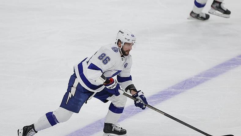 Feb 6, 2023; Sunrise, Florida, USA; Tampa Bay Lightning right wing Nikita Kucherov (86) moves the puck during the first period against the Florida Panthers at FLA Live Arena. Mandatory Credit: Sam Navarro-USA TODAY Sports