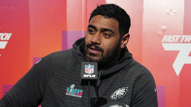 Feb 6, 2023; Phoenix, AZ, USA; Philadelphia Eagles offensive tackle Jordan Mailata (68) speaks with media during Super Bowl Opening Night at Footprint Center. Mandatory Credit: Joe Camporeale-USA TODAY Sports