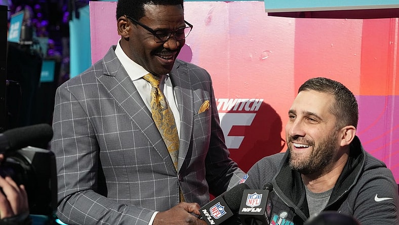 Feb 6, 2023; Phoenix, AZ, USA; NFL Network reporter Michael Irvin speaks with Philadelphia Eagles head coach Nick Sirianni during Super Bowl Opening Night at Footprint Center. Mandatory Credit: Kirby Lee-USA TODAY Sports