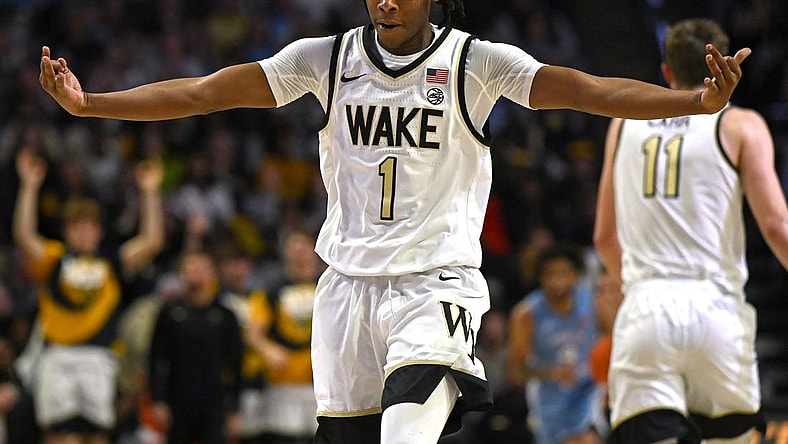 Feb 7, 2023; Winston-Salem, North Carolina, USA; Wake Forest Demon Deacons guard Tyree Appleby (1) celebrates after scoring a three point basket during the second half against the North Carolina Tar Heels at Lawrence Joel Veterans Memorial Coliseum. Mandatory Credit: William Howard-USA TODAY Sports
