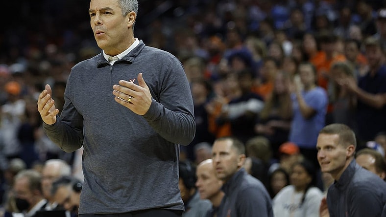 Feb 7, 2023; Charlottesville, Virginia, USA; Virginia Cavaliers head coach Tony Bennett gestures from the bench against the North Carolina State Wolfpack in the second half at John Paul Jones Arena. Mandatory Credit: Geoff Burke-USA TODAY Sports