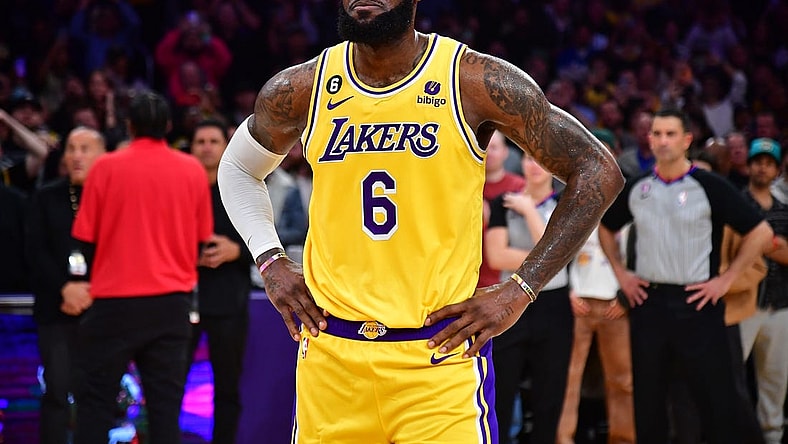 Feb 7, 2023; Los Angeles, California, USA; Los Angeles Lakers forward LeBron James (6) reacts after breaking the NBA all time scoring record against the Oklahoma City Thunder during the second half at Crypto.com Arena. Mandatory Credit: Gary A. Vasquez-USA TODAY Sports