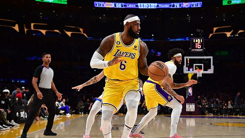 Feb 7, 2023; Los Angeles, California, USA; Los Angeles Lakers forward LeBron James (6) controls the ball against the Oklahoma City Thunder during the second half at Crypto.com Arena. Mandatory Credit: Gary A. Vasquez-USA TODAY Sports