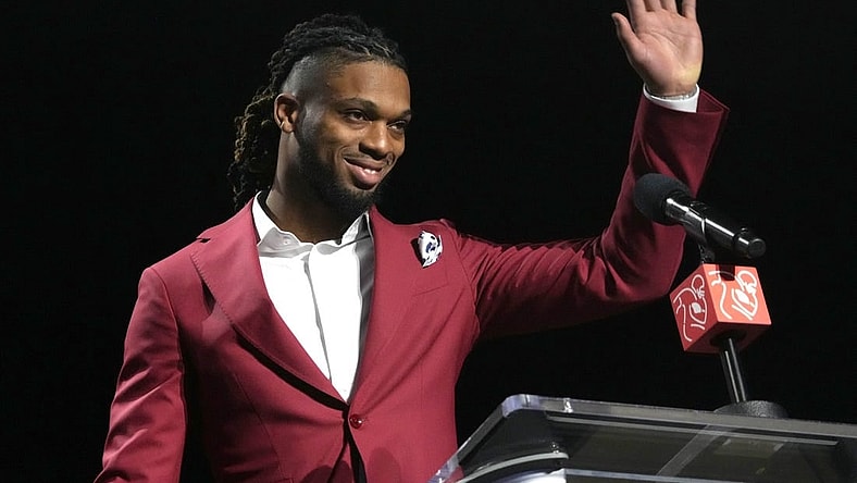 Feb 8, 2023; Phoenix, AZ, USA; Buffalo Bills safety Damar Hamlin accepts the Alan Page Community Award during the NFLPA press conference at the Phoenix Convention Center. Mandatory Credit: Kirby Lee-USA TODAY Sports