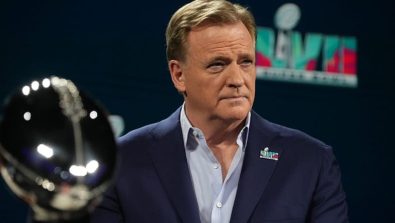 Feb 8, 2023; Phoenix, AZ, USA; NFL Commissioner Roger Goodell talks to media during a press conference at Media Center. Mandatory Credit: Kirby Lee-USA TODAY Sports
