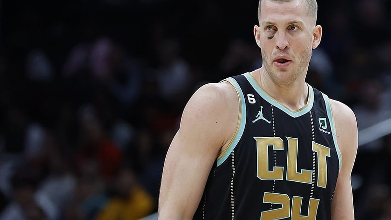 Feb 8, 2023; Washington, District of Columbia, USA; Charlotte Hornets center Mason Plumlee (24) stands on the court against the Washington Wizards in the fourth quarter at Capital One Arena. Mandatory Credit: Geoff Burke-USA TODAY Sports