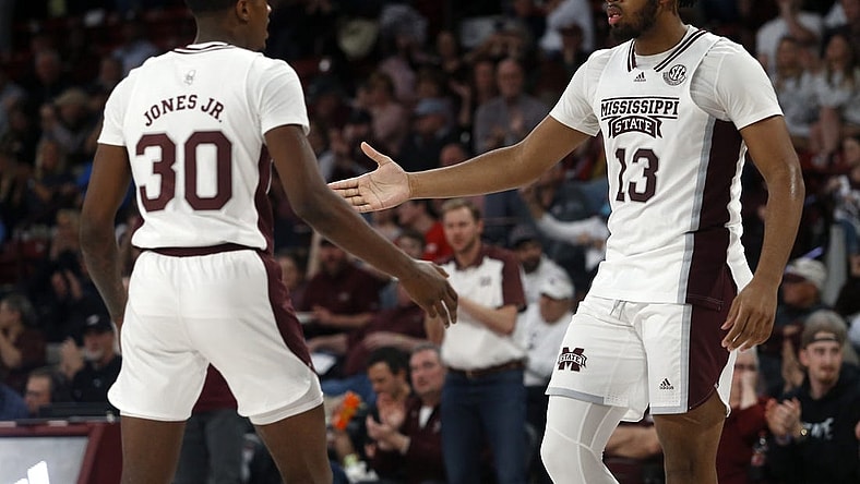 Feb 8, 2023; Starkville, Mississippi, USA; Mississippi State Bulldogs forward Will McNair Jr. (13) reacts with guard Shawn Jones Jr. (30) during the first half against the LSU Tigers at Humphrey Coliseum. Mandatory Credit: Petre Thomas-USA TODAY Sports