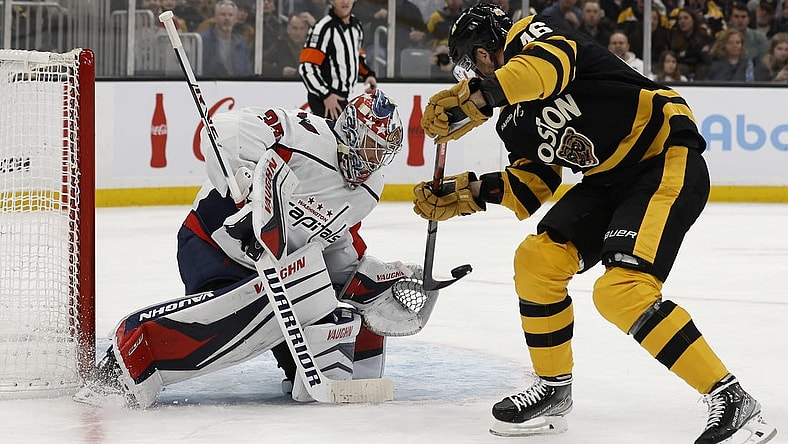 Feb 11, 2023; Boston, Massachusetts, USA; Boston Bruins center David Krejci (46) lets a point blank shot go on Washington Capitals goaltender Darcy Kuemper (35) during the first period at TD Garden. Mandatory Credit: Winslow Townson-USA TODAY Sports