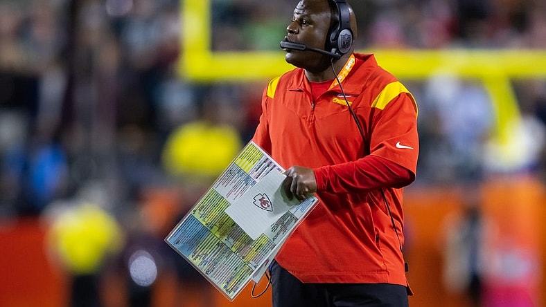 Feb 12, 2023; Glendale, Arizona, US; Kansas City Chiefs offensive coordinator Eric Bieniemy against the Philadelphia Eagles during Super Bowl LVII at State Farm Stadium. Mandatory Credit: Mark J. Rebilas-USA TODAY Sports