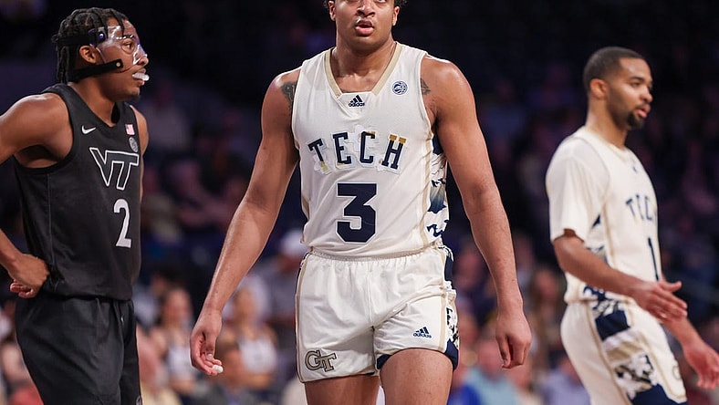 Feb 15, 2023; Atlanta, Georgia, USA; Georgia Tech Yellow Jackets guard Dallan Coleman (3) in action against the Virginia Tech Hokies in the second half at McCamish Pavilion. Mandatory Credit: Brett Davis-USA TODAY Sports