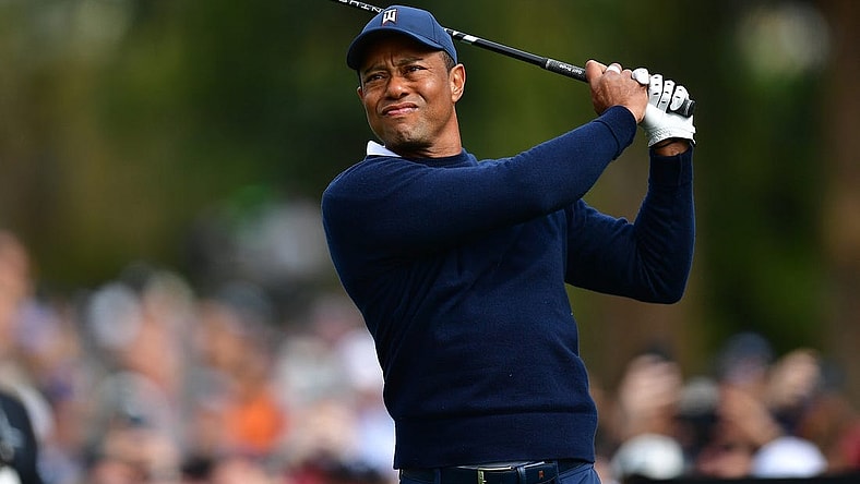 Feb 16, 2023; Pacific Palisades, California, USA; Tiger Woods hits from the second hole tee during the first round of The Genesis Invitational golf tournament. Mandatory Credit: Gary A. Vasquez-USA TODAY Sports