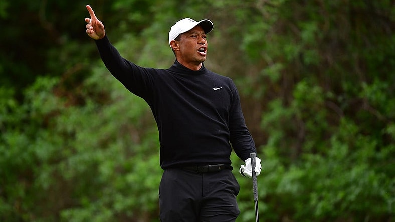 Feb 17, 2023; Pacific Palisades, California, USA; Tiger Woods reacts after hitting from the twelfth hole tee during the second round of The Genesis Invitational golf tournament. Mandatory Credit: Gary A. Vasquez-USA TODAY Sports