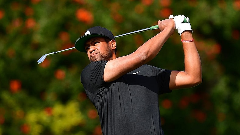 Feb 17, 2023; Pacific Palisades, California, USA; Tony Finau hits from the fourth hole tee during the second round of The Genesis Invitational golf tournament. Mandatory Credit: Gary A. Vasquez-USA TODAY Sports