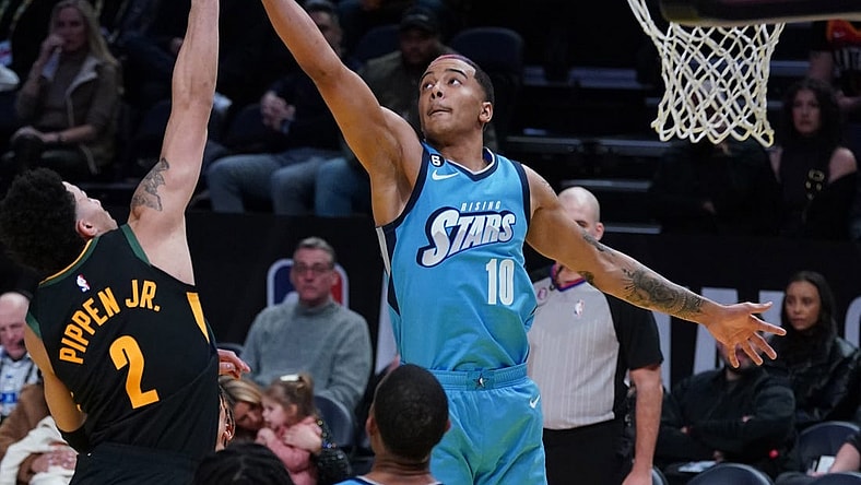 Feb 17, 2023; Salt Lake City, UT, USA;  Team Jason player Scottie Pippen Jr. (2) shoots against Team Joakim forward Jeremy Sochan (10) in the 2023 NBA All Star Rising Stars Game at Vivint Arena. Mandatory Credit: Kyle Terada-USA TODAY Sports