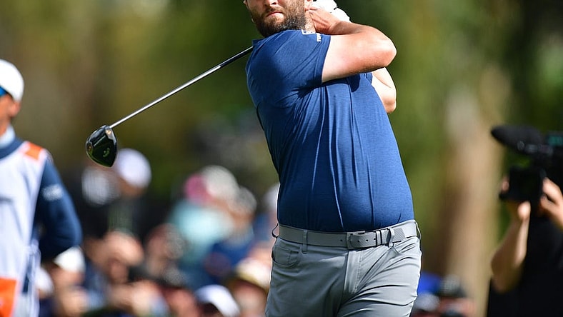 Feb 18, 2023; Pacific Palisades, California, USA; Jon Rahm hits from the second hole tee during the third round of The Genesis Invitational golf tournament. Mandatory Credit: Gary A. Vasquez-USA TODAY Sports