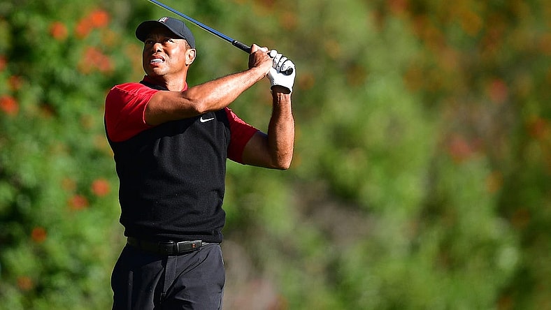 Feb 19, 2023; Pacific Palisades, California, USA; Tiger Woods hits from the fourth hole tee during the final round of The Genesis Invitational golf tournament. Mandatory Credit: Gary A. Vasquez-USA TODAY Sports