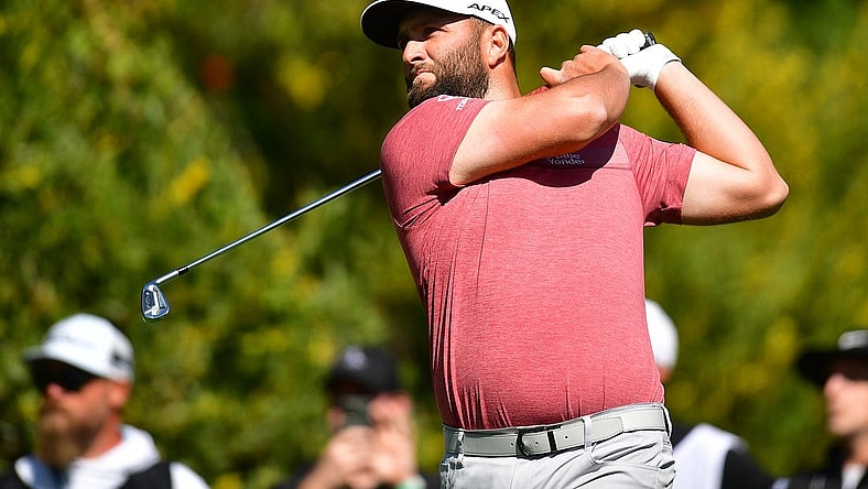 Feb 19, 2023; Pacific Palisades, California, USA; Jon Rahm hits from the fourth hole tee during the final round of The Genesis Invitational golf tournament. Mandatory Credit: Gary A. Vasquez-USA TODAY Sports