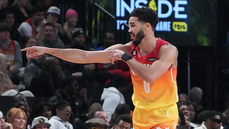 Feb 19, 2023; Salt Lake City, UT, USA; Team Giannis forward Jayson Tatum (0) celebrates a three-point shot against Team LeBron in the 2023 NBA All-Star Game at Vivint Arena. Mandatory Credit: Kyle Terada-USA TODAY Sports