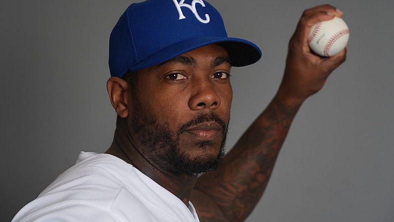 Feb 22, 2023; Surprise, AZ, USA; Kansas City Royals relief pitcher Aroldis Chapman (54) poses for a photo during Photo Day at Surprise Stadium Mandatory Credit: Joe Camporeale-USA TODAY Sports