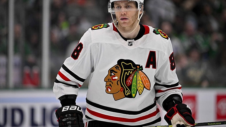 Feb 22, 2023; Dallas, Texas, USA; Chicago Blackhawks right wing Patrick Kane (88) waits for the face-off in the Dallas Stars zone during the third period at the American Airlines Center. Mandatory Credit: Jerome Miron-USA TODAY Sports