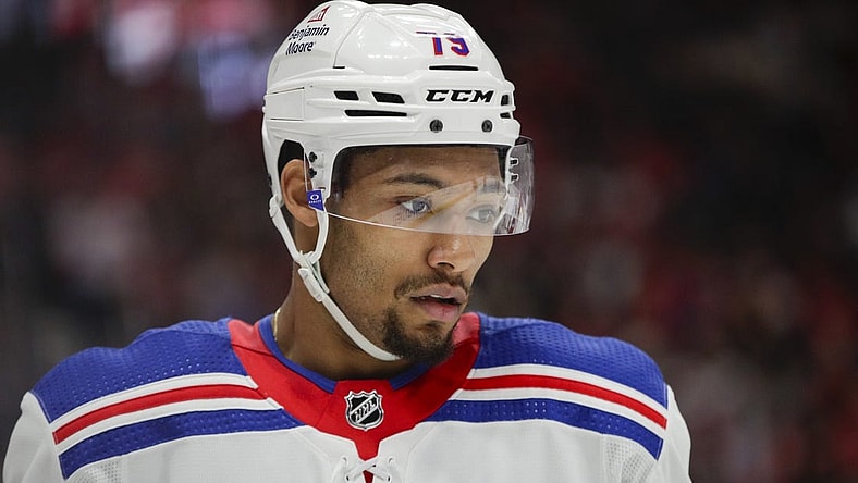 Feb 23, 2023; Detroit, Michigan, USA; New York Rangers defenseman K'Andre Miller (79) looks on during the second period at Little Caesars Arena. Mandatory Credit: Brian Bradshaw Sevald-USA TODAY Sports
