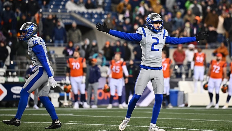 Feb 23, 2023; Seattle, WA, USA; St. Louis Battlehawks kicker Donny Hageman (2) celebrates after kicking the game-winning field goal against the Seattle Sea Dragons at Lumen Field. St. Louis defeated Seattle 20-18. Mandatory Credit: Steven Bisig-USA TODAY Sports