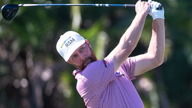 Chris Kirk tees off from the eighth tee during the third round of the Honda Classic at PGA National Resort & Spa on Saturday, February 25, 2023, in Palm Beach Gardens, FL.