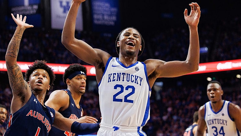 Feb 25, 2023; Lexington, Kentucky, USA; Kentucky Wildcats guard Cason Wallace (22) reacts during the first half against the Auburn Tigers at Rupp Arena at Central Bank Center. Mandatory Credit: Jordan Prather-USA TODAY Sports