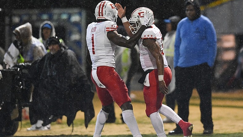 Feb 25, 2023; Las Vegas, NV, USA; D.C. Defenders quarterback D'Eriq King (3) celebrates with wide receiver Chris Blair (1) after scoring a touchdown against the Vegas Vipers in the fourth quarter at Cashman Field. Mandatory Credit: Candice Ward-USA TODAY Sports