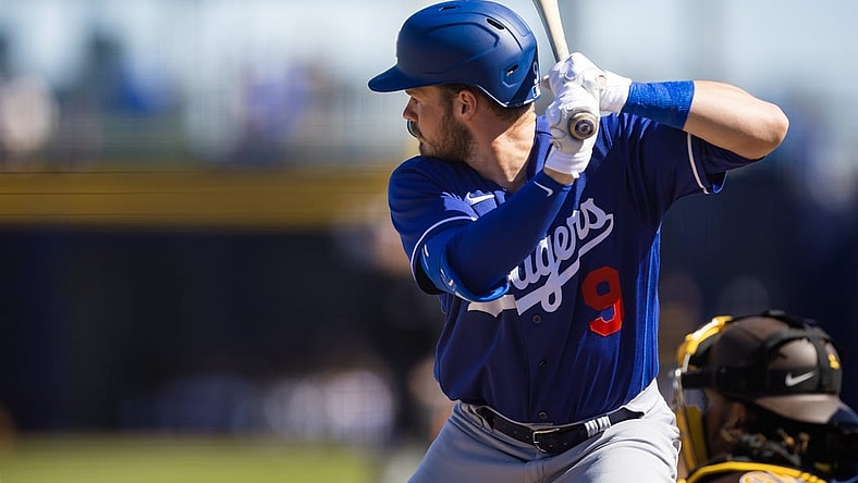 Feb 27, 2023; Peoria, Arizona, USA; Los Angeles Dodgers infielder Gavin Lux against the San Diego Padres during a spring training game at Peoria Sports Complex. Mandatory Credit: Mark J. Rebilas-USA TODAY Sports