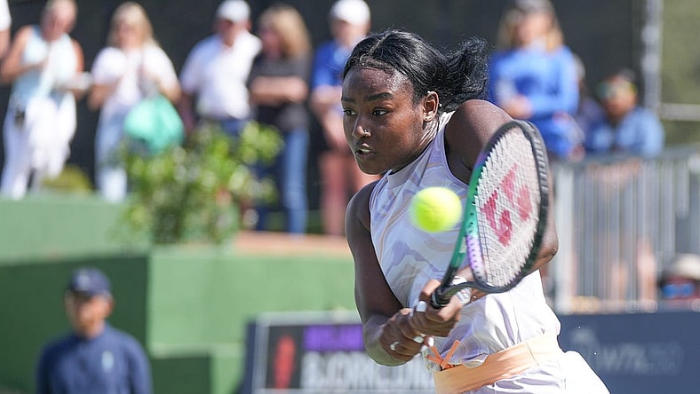 February 27, 2023; Austin, TX, USA; Alycia Parks returns a shot against Mirjam Bjorklund at the Women's Tennis Association ATX Open at Westwood Country Club in Austin, Texas, on Monday February 27, 2023.  Bjorklund won 6-4, 4-6, 6-4.  Mandatory Credit: Jay Janner-USA TODAY NETWORK