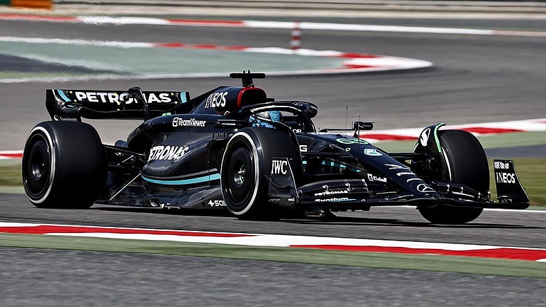 Bahrain International Circuit, Sakhir, Bahrain - February 23, 2023 Mercedes' George Russell during testing.