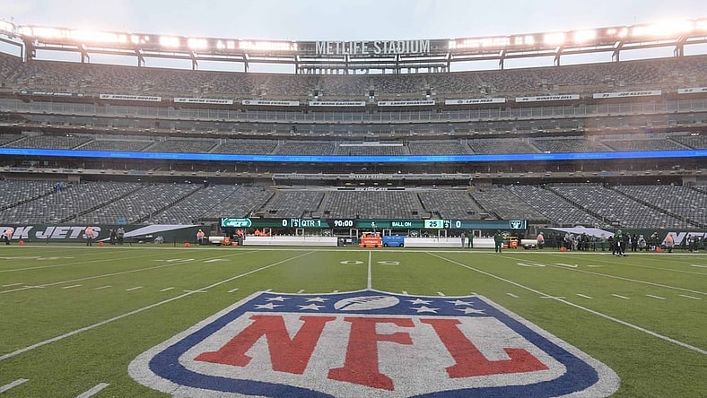 Nov 24, 2019; East Rutherford, NJ, USA; General overall view of the NFL shield logo at midfield at MetLife Stadium. The Jets defeated the Raiders 34-3.  Mandatory Credit: Kirby Lee-USA TODAY Sports
